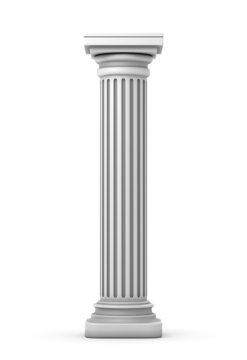 Classic white fluted Doric-style column with capital and base, isolated on white background.