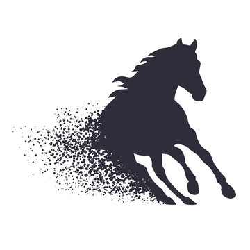 Silhouette of a galloping horse with dynamic particle trail effect, symbolizing speed and freedom.