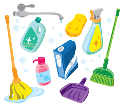 Collection of colorful cleaning supplies including mop, broom, spray bottle, sponge, detergent, and dustpan.