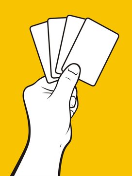 A white hand holding four blank playing cards fanned out against a bright yellow background.