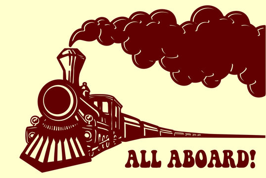 Vintage red steam locomotive with billowing smoke and "ALL ABOARD!" text on cream background.