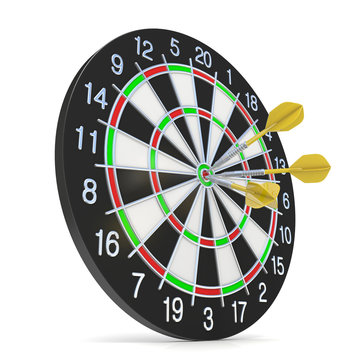 A black dartboard with three yellow darts clustered near the bullseye, showing precision and target practice.