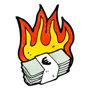 A cartoon stack of euro banknotes engulfed in flames, symbolizing financial loss or waste.