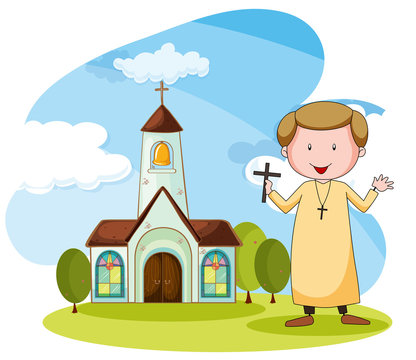 Cartoon Priest and Church Illustration for Religious Education