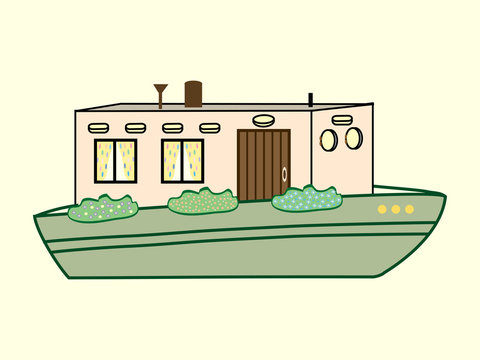 A charming illustrated houseboat with a beige cabin, brown door, windows with yellow curtains, green shrubs, and portholes on a light background.