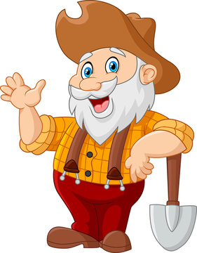 Friendly cartoon gardener with beard, cowboy hat, and shovel waving hello.