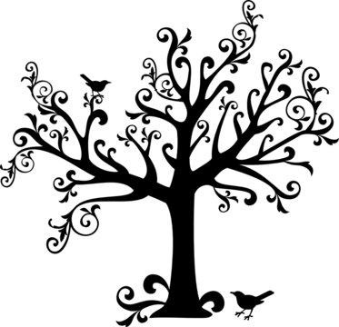 Stylized black silhouette of an ornate tree with swirling branches, two birds-one perched, one on ground-on white background.