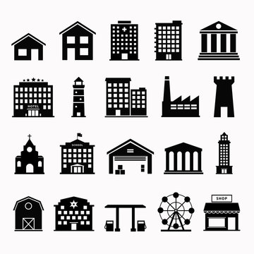Collection of 20 black-and-white building and structure icons including houses, factories, churches, barns, lighthouses, and shops.