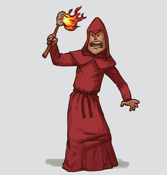 Angry red-robed figure holding a flaming torch, cartoon style.