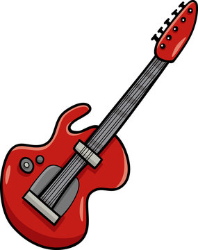 Red cartoon-style electric guitar with black neck, silver pickups, and headstock tuning pegs.