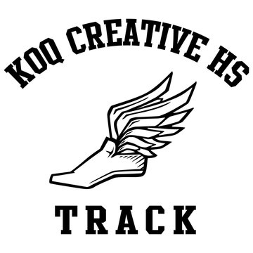 KOQ Creative HS Track logo featuring a winged running shoe with arched text above and "TRACK" below.