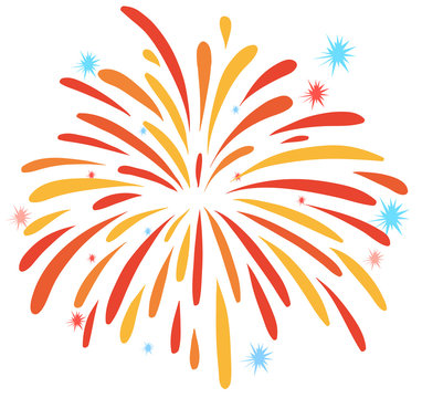 Vibrant red, orange, and yellow fireworks burst with blue starbursts against white background.