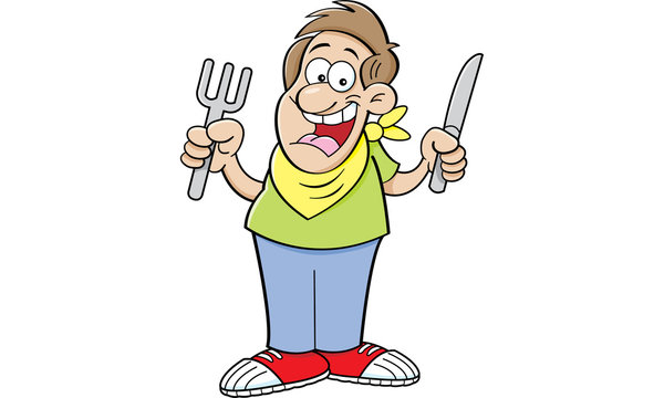 Happy cartoon chef holding fork and knife, wearing yellow bandana and green shirt.