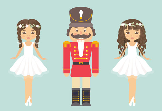 Two ballerinas in white tutus flanking a classic red nutcracker soldier, all in flat vector illustration style.