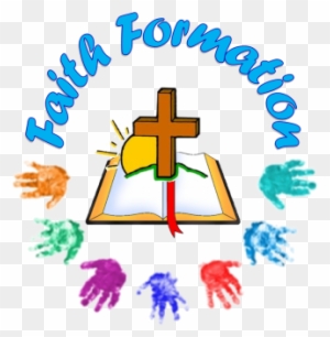 Faith Formation logo with cross, open Bible, sunburst, and colorful handprints surrounding text.