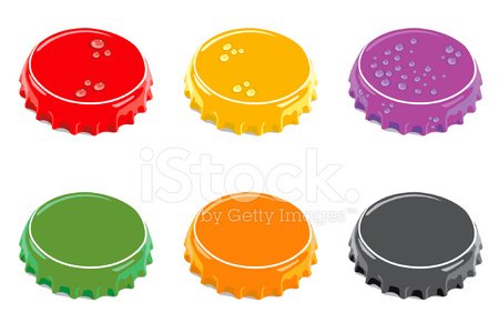 Six colorful bottle caps in red, yellow, purple, green, orange, and gray arranged on a white background.