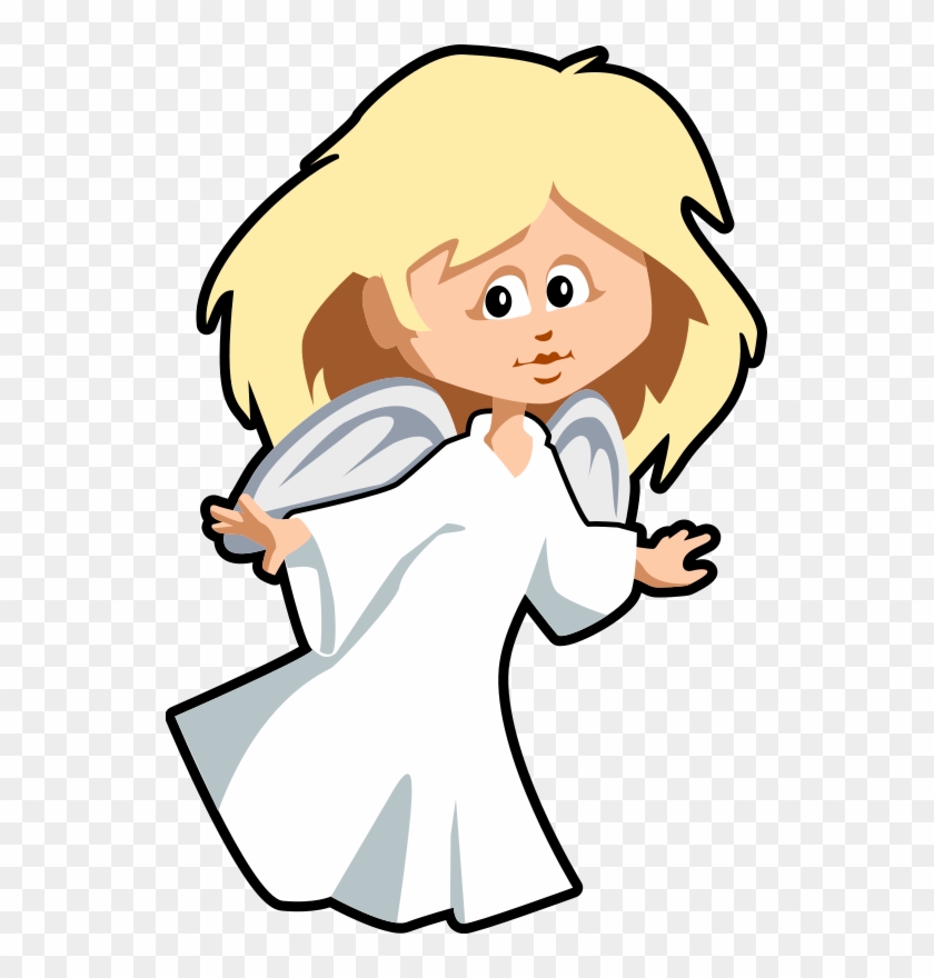 Cartoon angel with blonde hair, white robe, and silver wings, smiling gently with open arms.