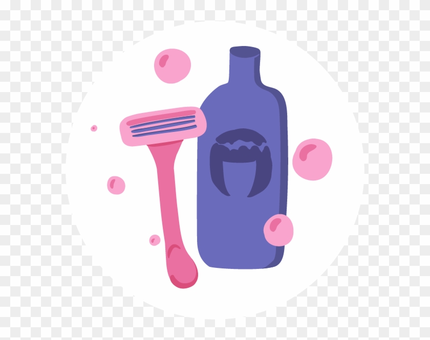 Pink razor and purple shaving gel bottle with pink bubbles in a circular white frame.
