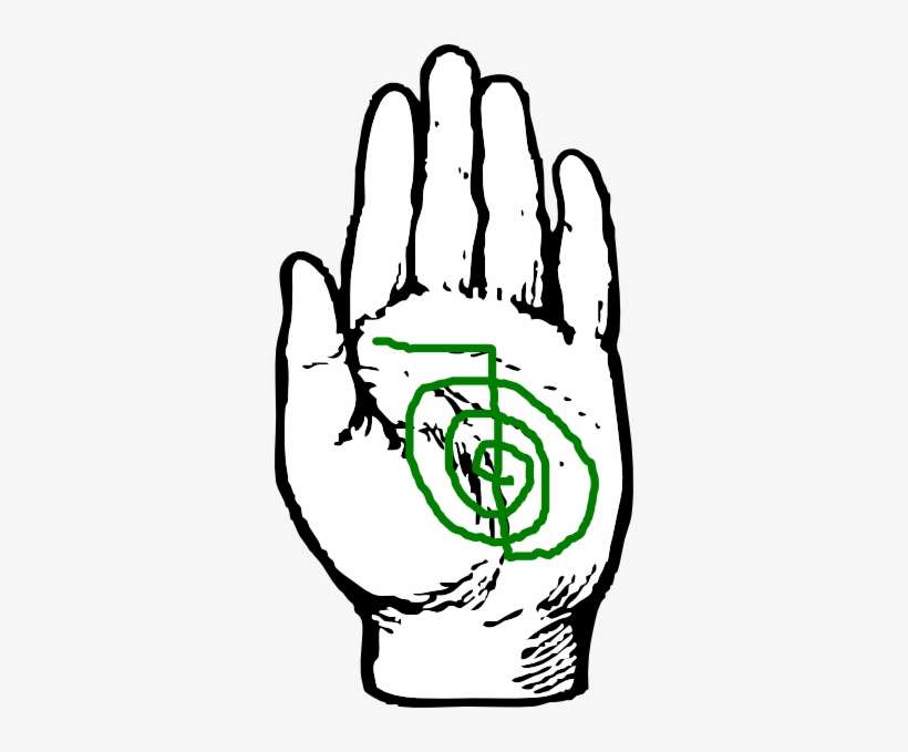 Open palm with a green spiral symbol and cross-like mark in the center, hand-drawn sketch style.