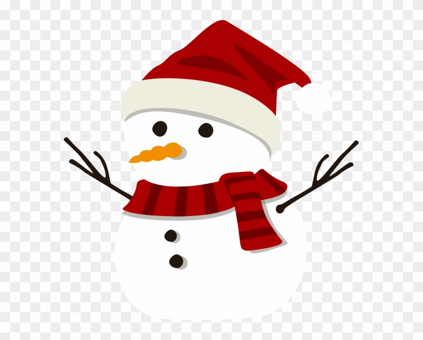 Cheerful cartoon snowman wearing a red Santa hat, striped scarf, and twig arms with carrot nose and coal eyes.
