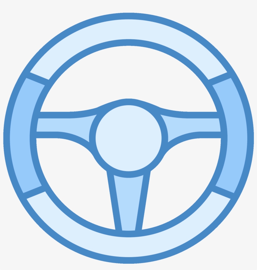 Blue line-art illustration of a three-spoke car steering wheel with circular rim and central hub.