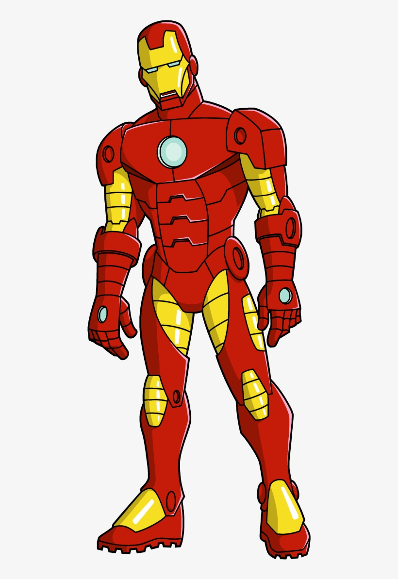 Animated Iron Man in classic red and gold armor, standing confidently with glowing arc reactor and eyes.