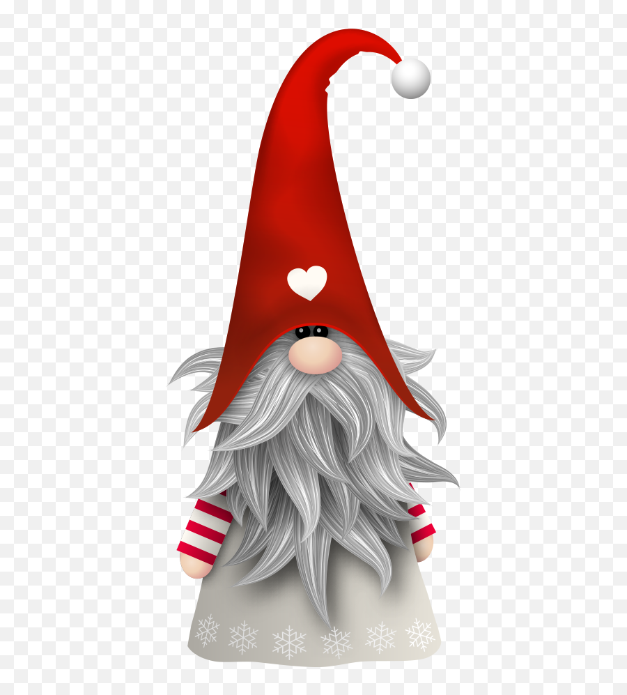 Festive Christmas gnome with red pointed hat, white heart, long gray beard, and snowflake-patterned coat.