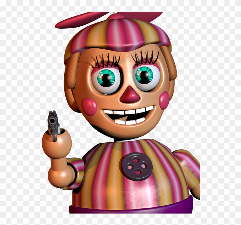 A striped animatronic doll with large green eyes, pink cheeks, and a pistol in its hand.