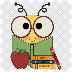 Cartoon bee with glasses reading a book, beside an apple and stacked school books (Math, Art, Science, History).