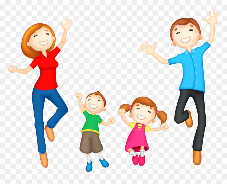 Happy cartoon family of four jumping joyfully with raised arms and smiling faces.