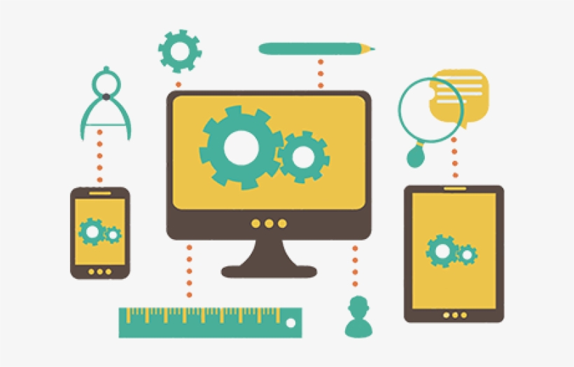 Illustration of interconnected digital devices-desktop, smartphones, gears, ruler, magnifying glass, and user icon-symbolizing system integration and tech workflow.