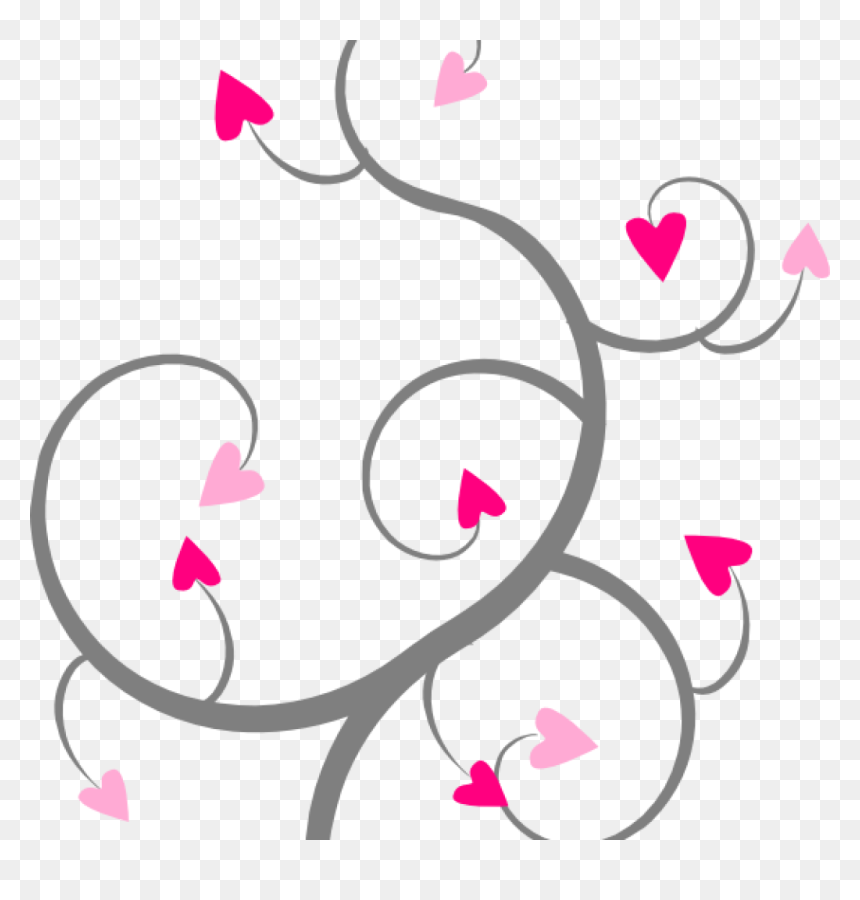 Gray swirling vine with scattered pink and light pink hearts on transparent background.