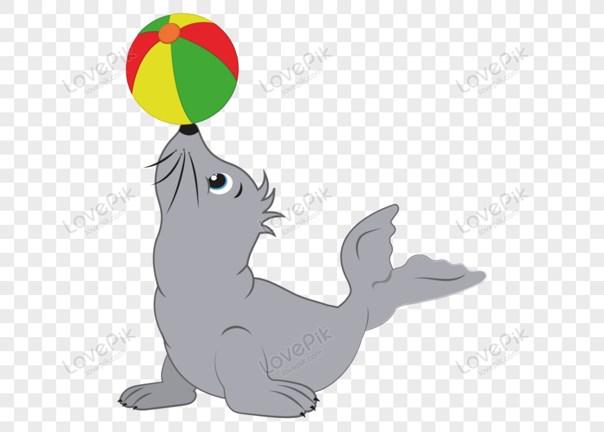 Gray cartoon seal balancing a colorful beach ball on its nose against transparent background.