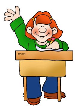 Smiling red-haired student raising hand at desk, writing with pencil, name tag "MARTIN" on wooden desk.