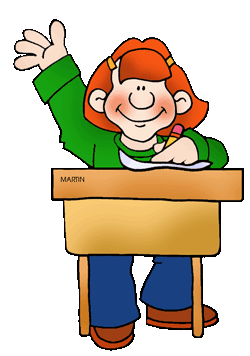 Smiling red-haired student raising hand at desk, writing with pencil, name tag "MARTIN" on wooden desk.