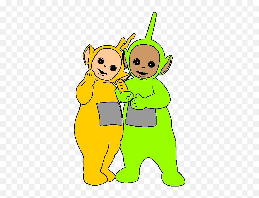 Two Teletubbies characters, Dipsy (green) and Laa-Laa (yellow), standing together smiling with a carrot and waving hand.