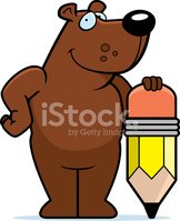 Friendly cartoon bear holding a giant yellow pencil, smiling confidently.