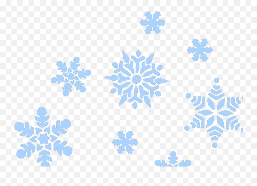 Light blue snowflake illustrations on transparent background, varying in size and intricate geometric designs.