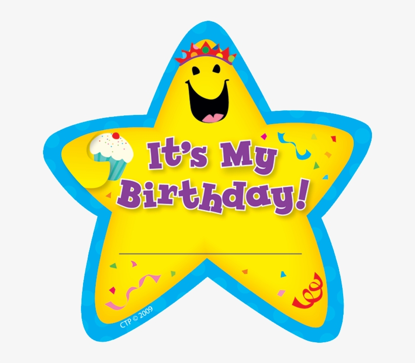 Yellow star-shaped birthday badge with smiling face, crown, cupcake, and "It's My Birthday!" text.