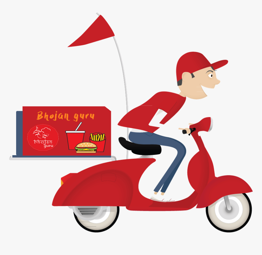 Delivery rider on red scooter with "Bhojan Guru" food box and flag, serving burgers and fries.
