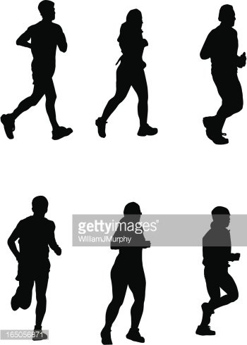 Six black silhouettes of runners in motion, three male and three female, captured mid-stride against a white background.