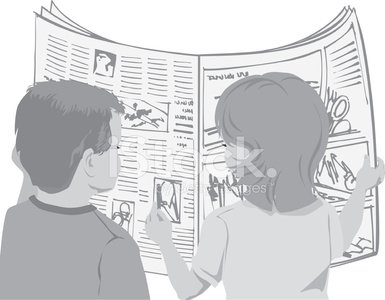 Two children reading a large open newspaper together, viewed from behind in grayscale illustration.