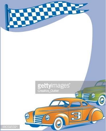 Vintage orange race car with number 3 under a checkered flag, green car behind, retro racing illustration.