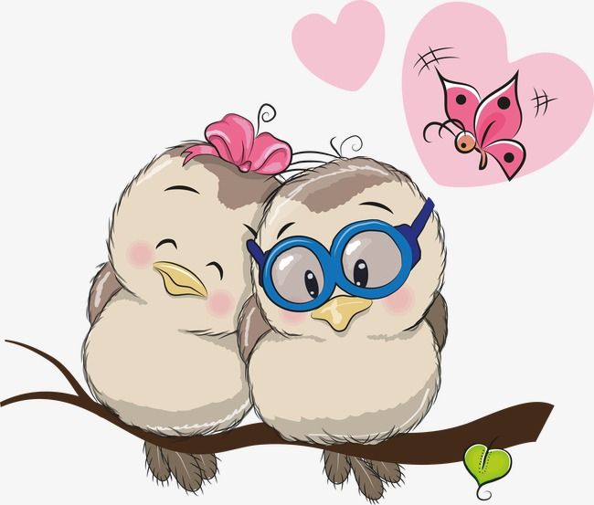 Two cute cartoon owls perched on a branch, one wearing glasses and a bow, with pink hearts and a butterfly above.
