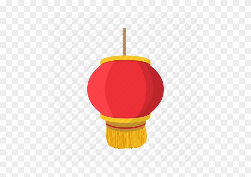 Red Chinese lantern with gold trim and tassel, hanging by a string on transparent background.