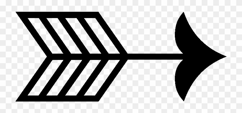 Black stylized arrow icon with feathered fletching and striped shaft on transparent background.