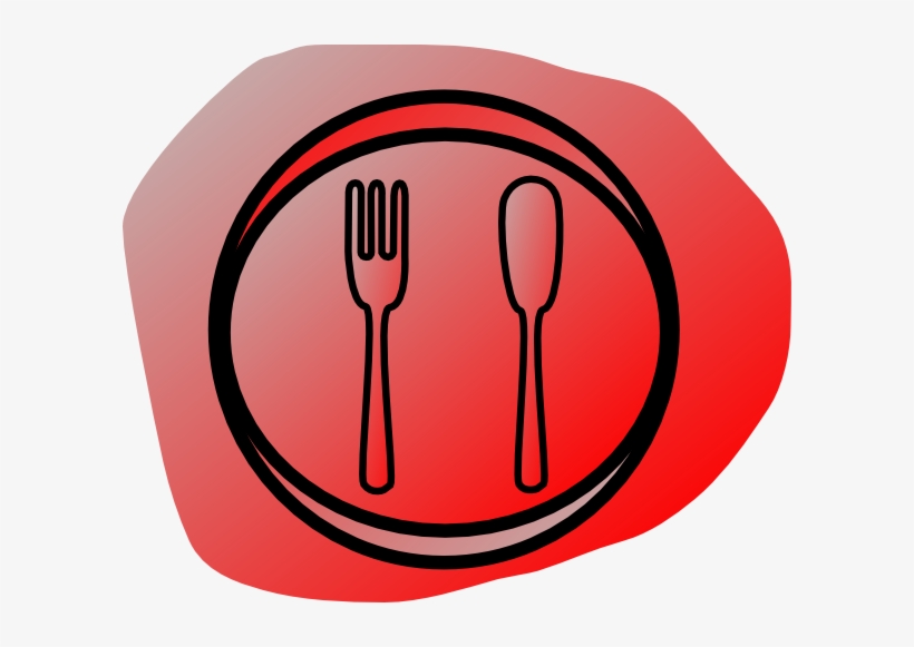 Red plate icon with fork and spoon, symbolizing dining or food service.