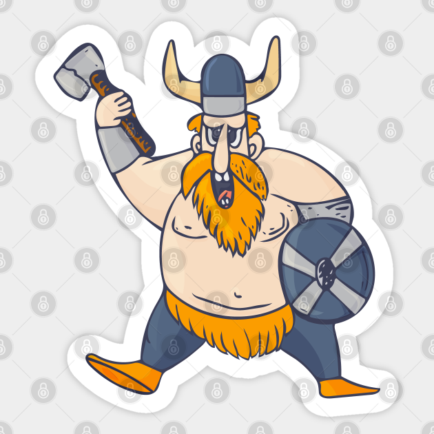Cartoon Viking warrior with horned helmet, axe, shield, and orange beard in dynamic pose.