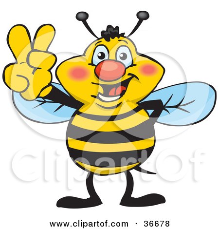 Cheerful cartoon bee giving a peace sign with yellow and black stripes, blue wings, and a smiling face.