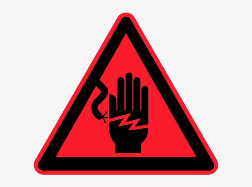 Red triangular warning sign showing a hand being bitten by a snake with lightning bolt indicating electric shock or danger.
